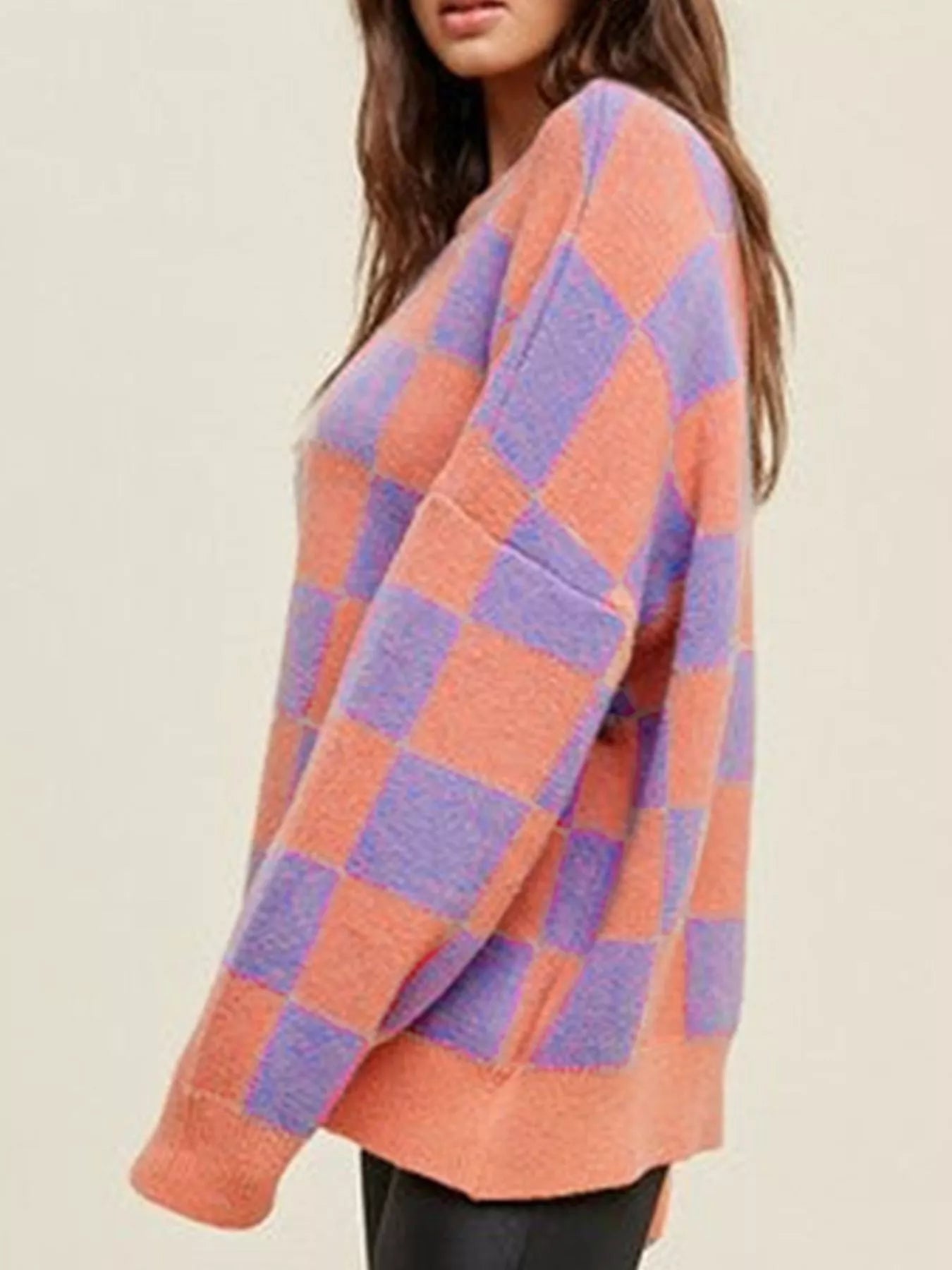 Checkerboard Chic Round Neck Sweater - StyleLure