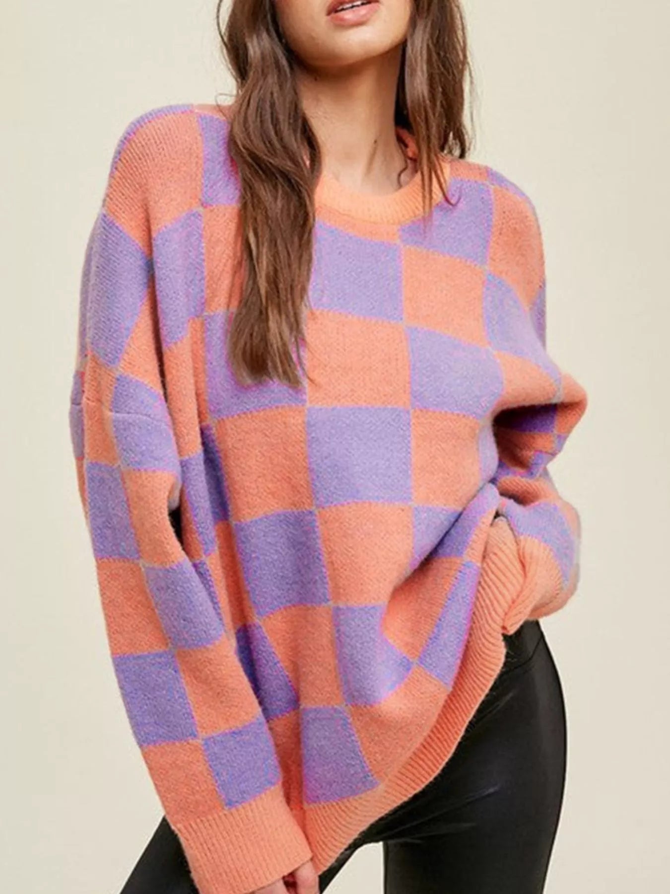 Checkerboard Chic Round Neck Sweater - StyleLure