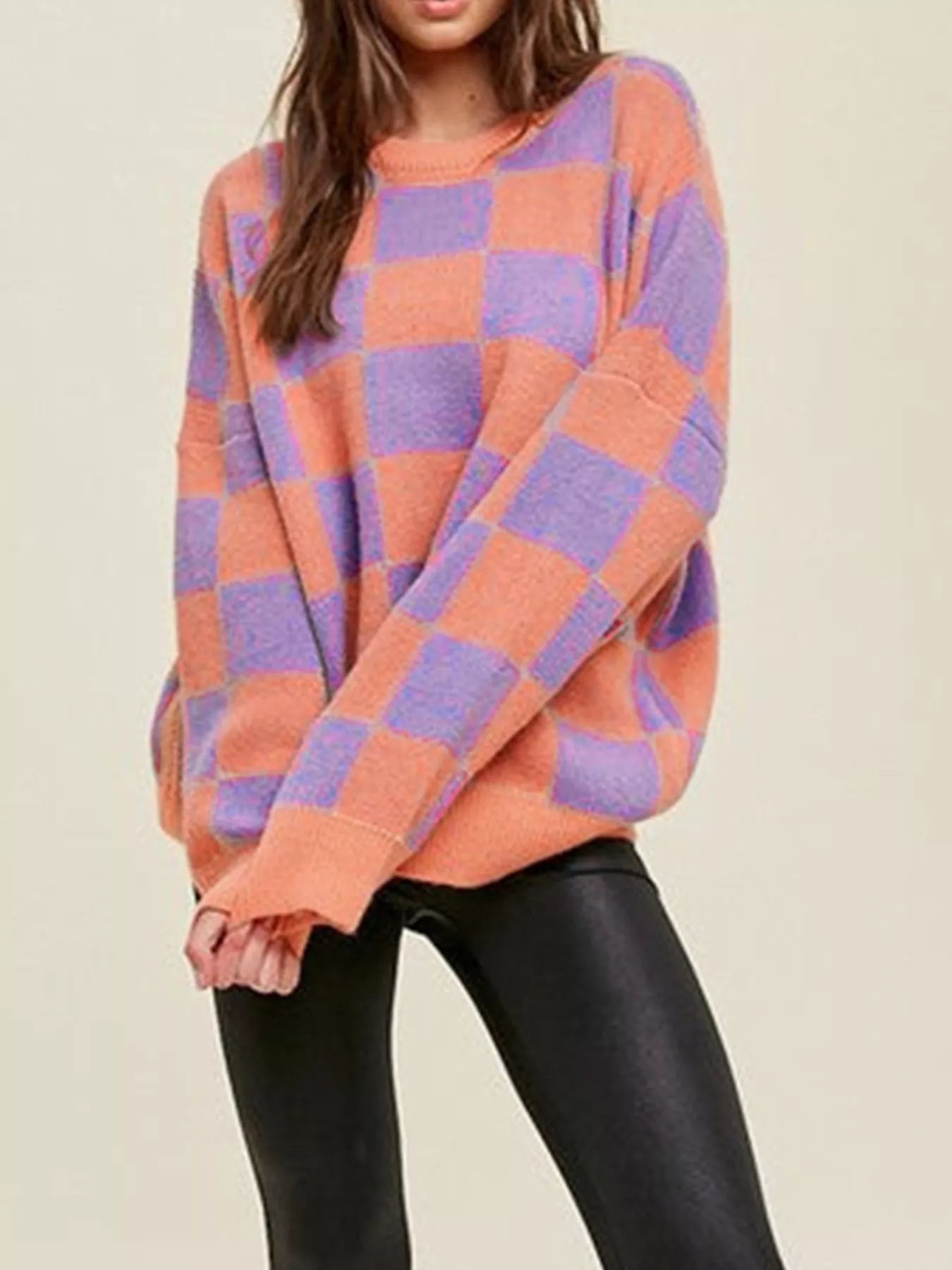 Checkerboard Chic Round Neck Sweater - StyleLure