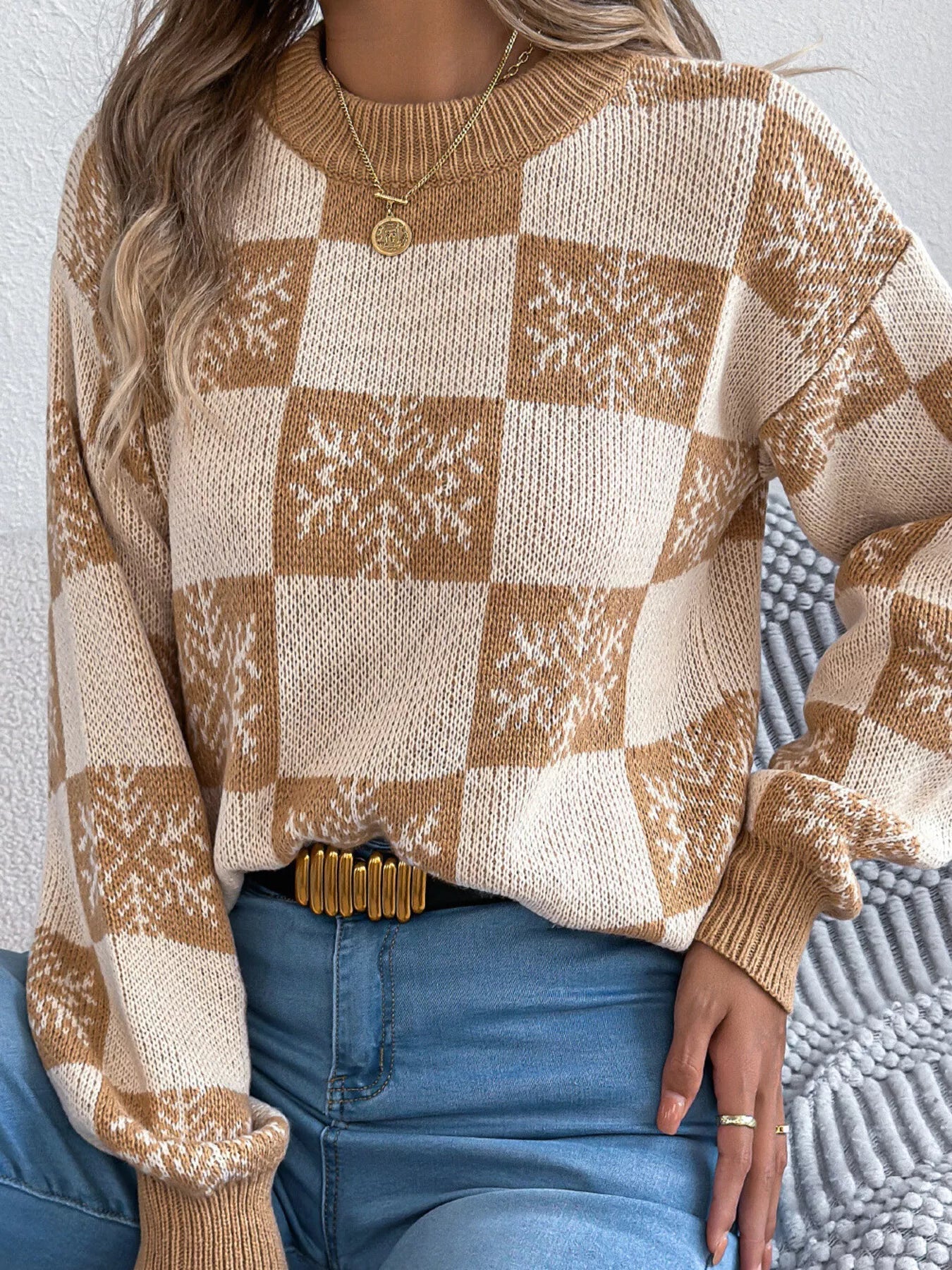 Christmas Snowflake Checkered Round Neck Sweater - StyleLure