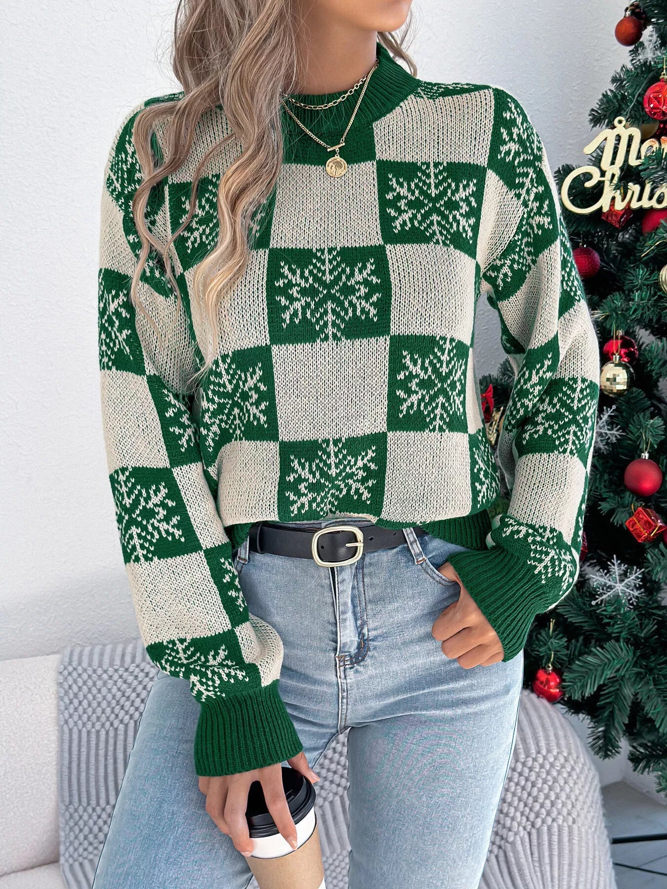 Christmas Snowflake Checkered Round Neck Sweater - StyleLure