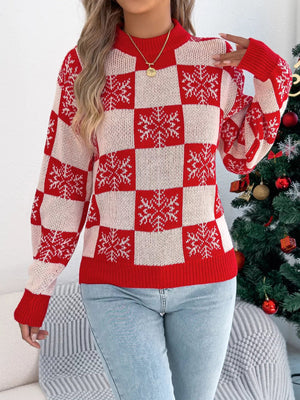 Christmas Snowflake Checkered Round Neck Sweater - StyleLure