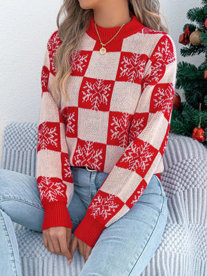 Christmas Snowflake Checkered Round Neck Sweater - StyleLure