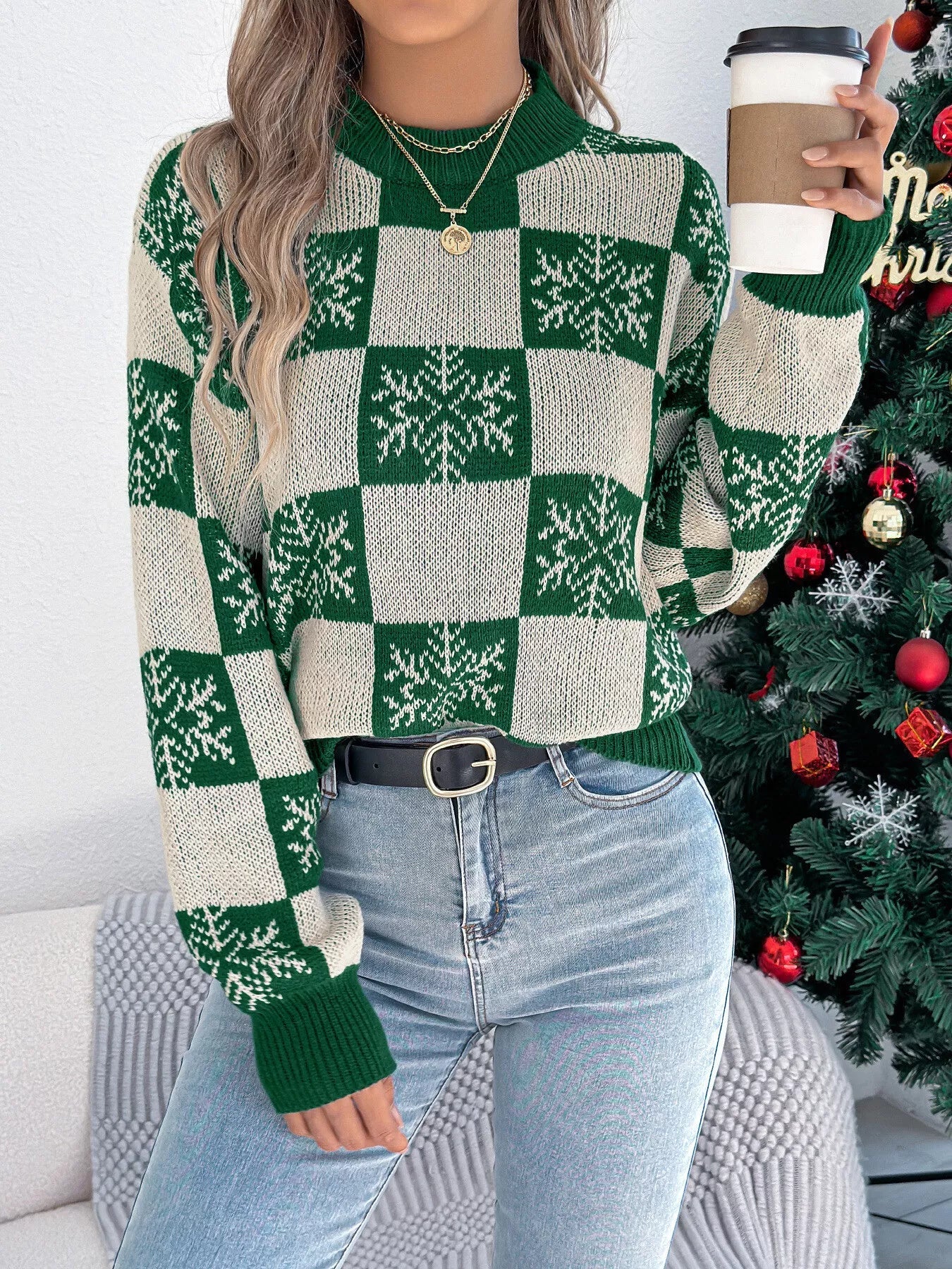 Christmas Snowflake Checkered Round Neck Sweater - StyleLure