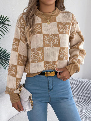 Christmas Snowflake Checkered Round Neck Sweater - StyleLure