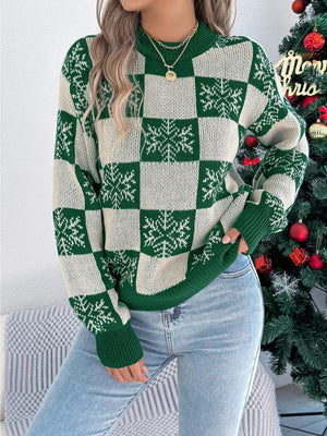 Christmas Snowflake Checkered Round Neck Sweater - StyleLure