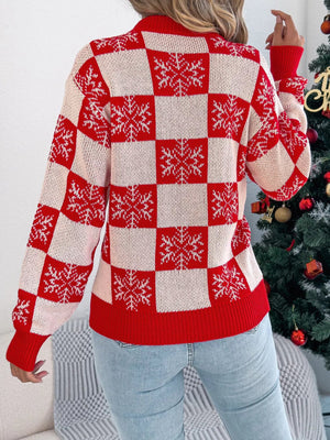 Christmas Snowflake Checkered Round Neck Sweater - StyleLure