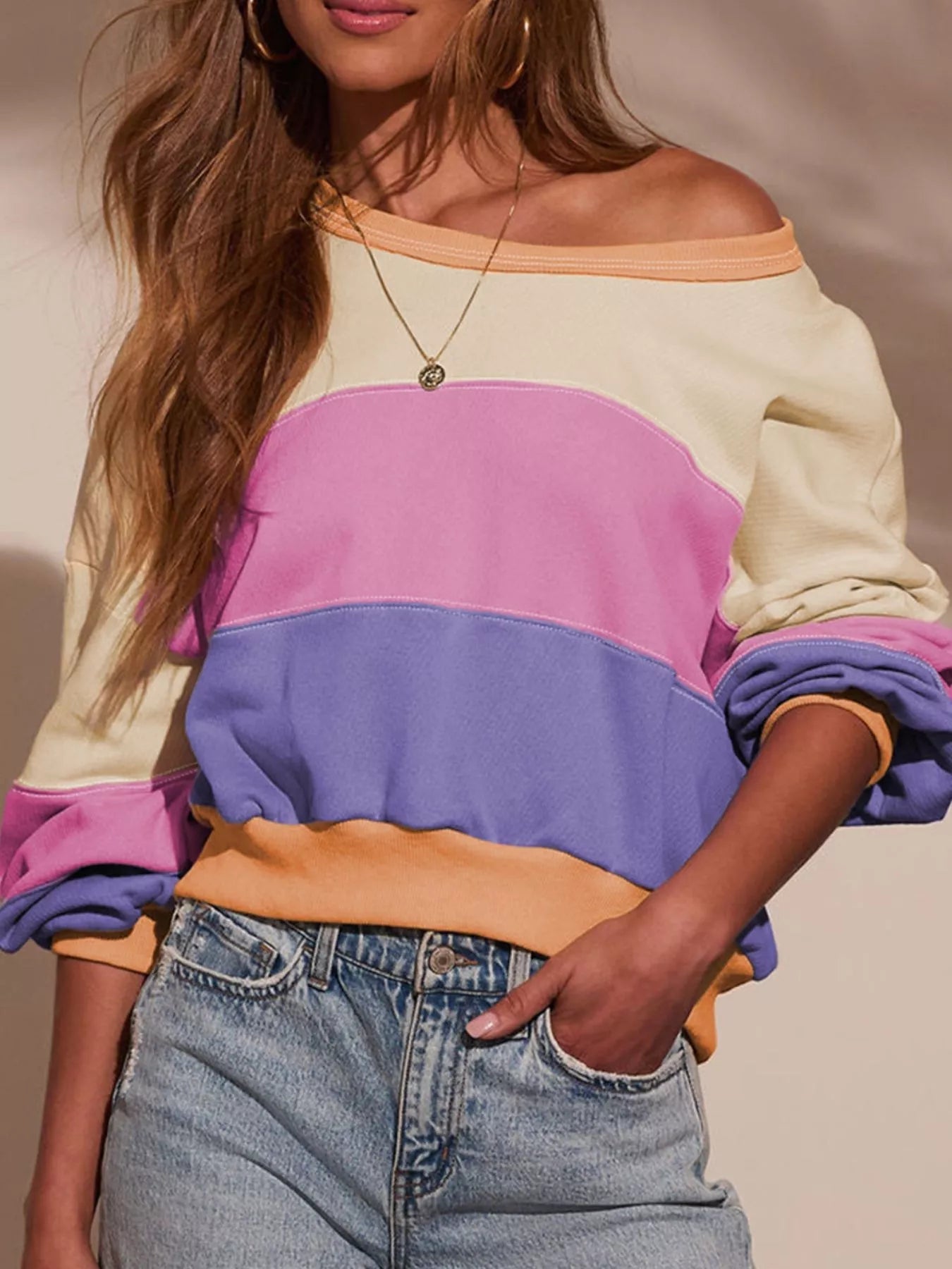 Color Block Drop Shoulder Sweatshirt - StyleLure