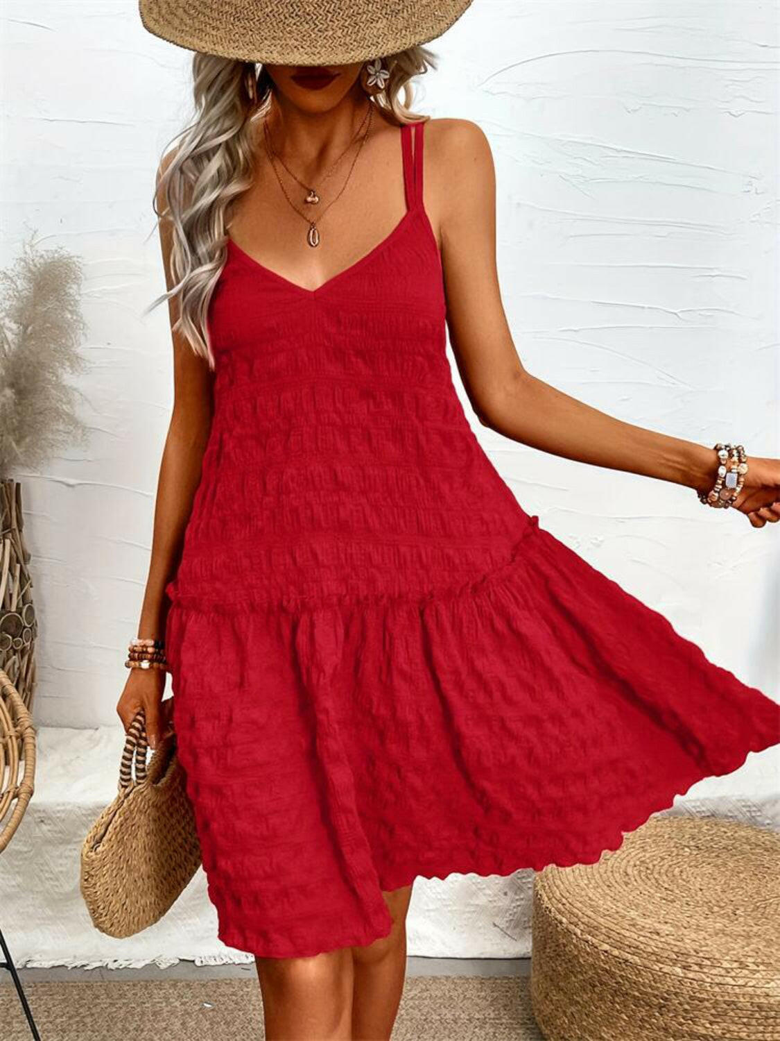 Crisscross Double Spaghetti Straps Tiered Cami Dress - StyleLure