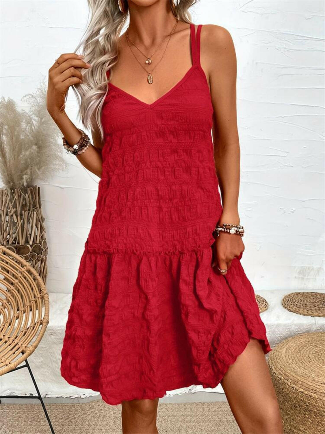 Crisscross Double Spaghetti Straps Tiered Cami Dress - StyleLure