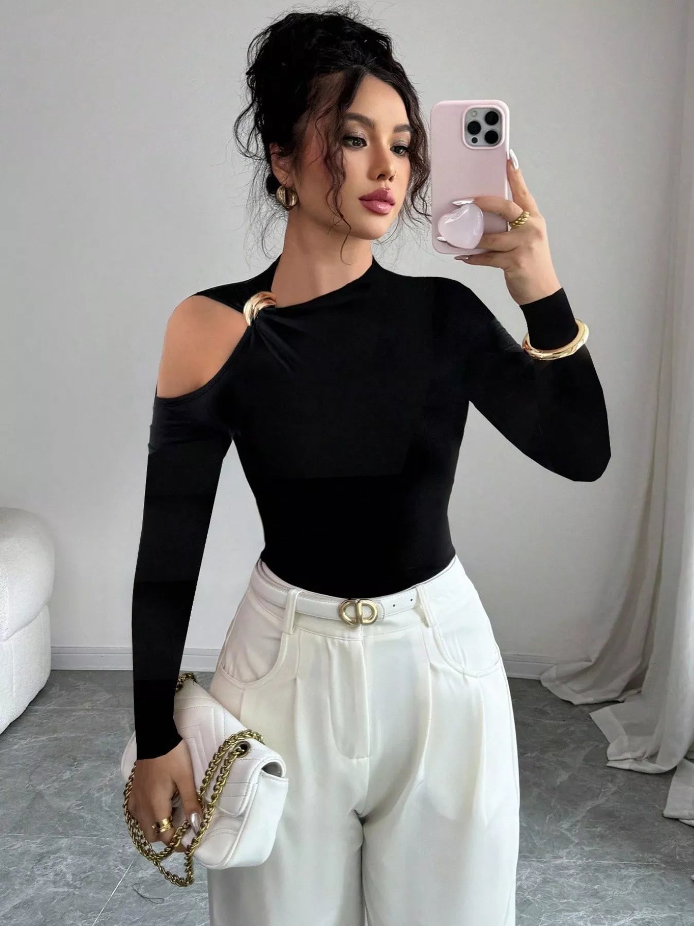 Cutout One - Shoulder Long Sleeve T-Shirt - StyleLure