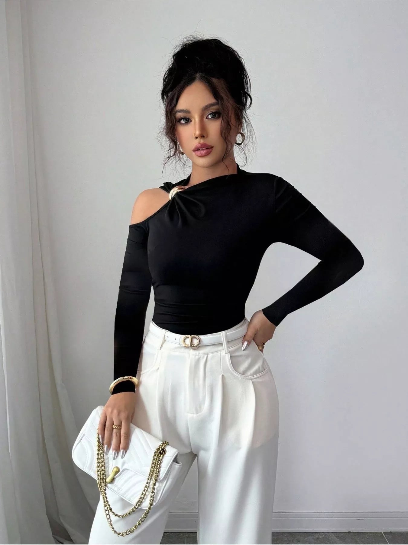 Cutout One - Shoulder Long Sleeve T-Shirt - StyleLure