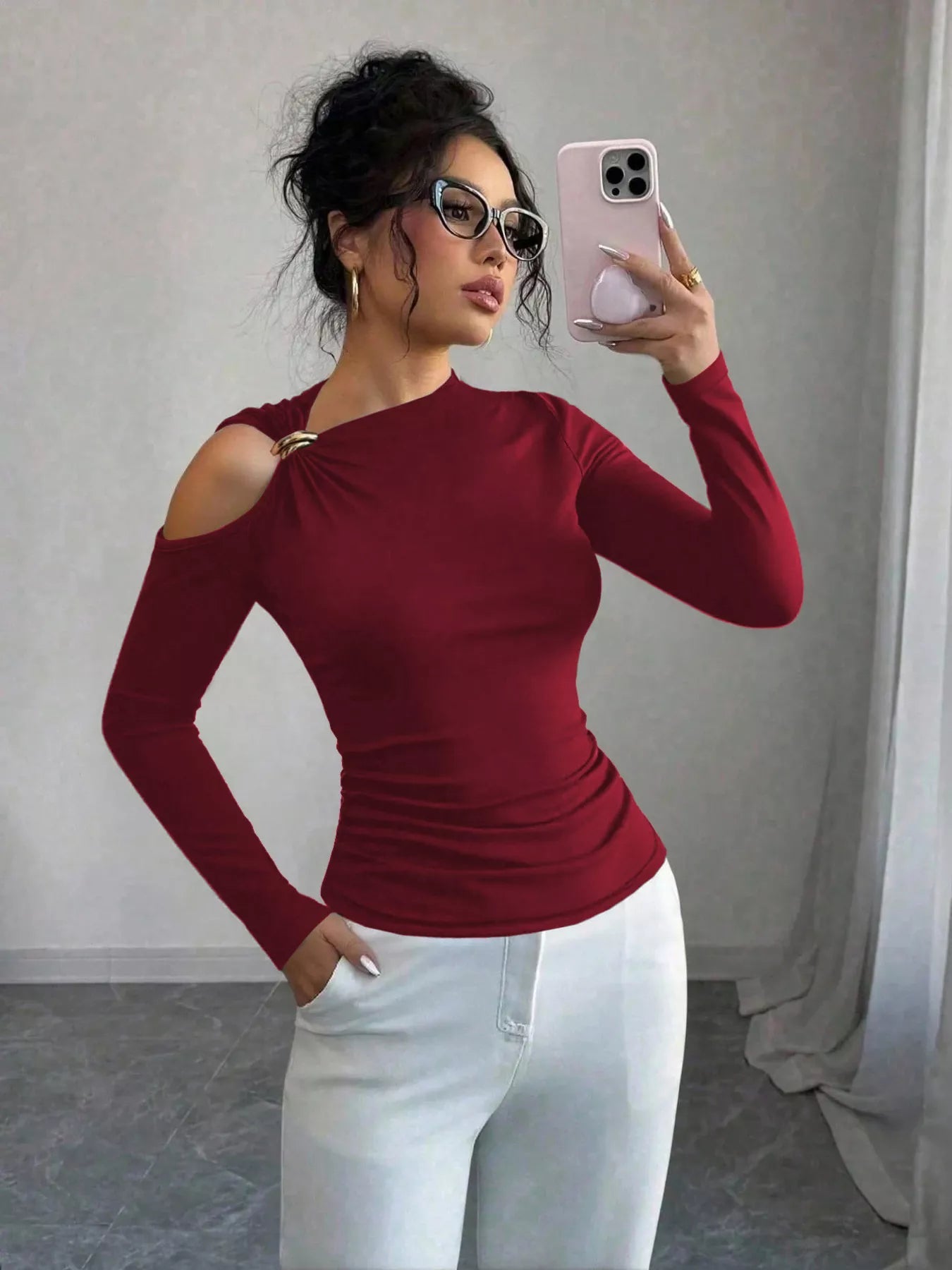 Cutout One - Shoulder Long Sleeve T-Shirt - StyleLure