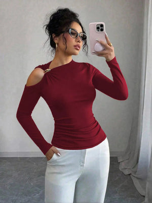 Cutout One - Shoulder Long Sleeve T-Shirt - StyleLure