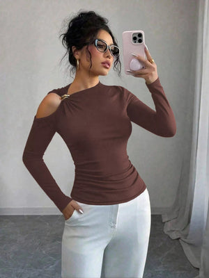 Cutout One - Shoulder Long Sleeve T-Shirt - StyleLure