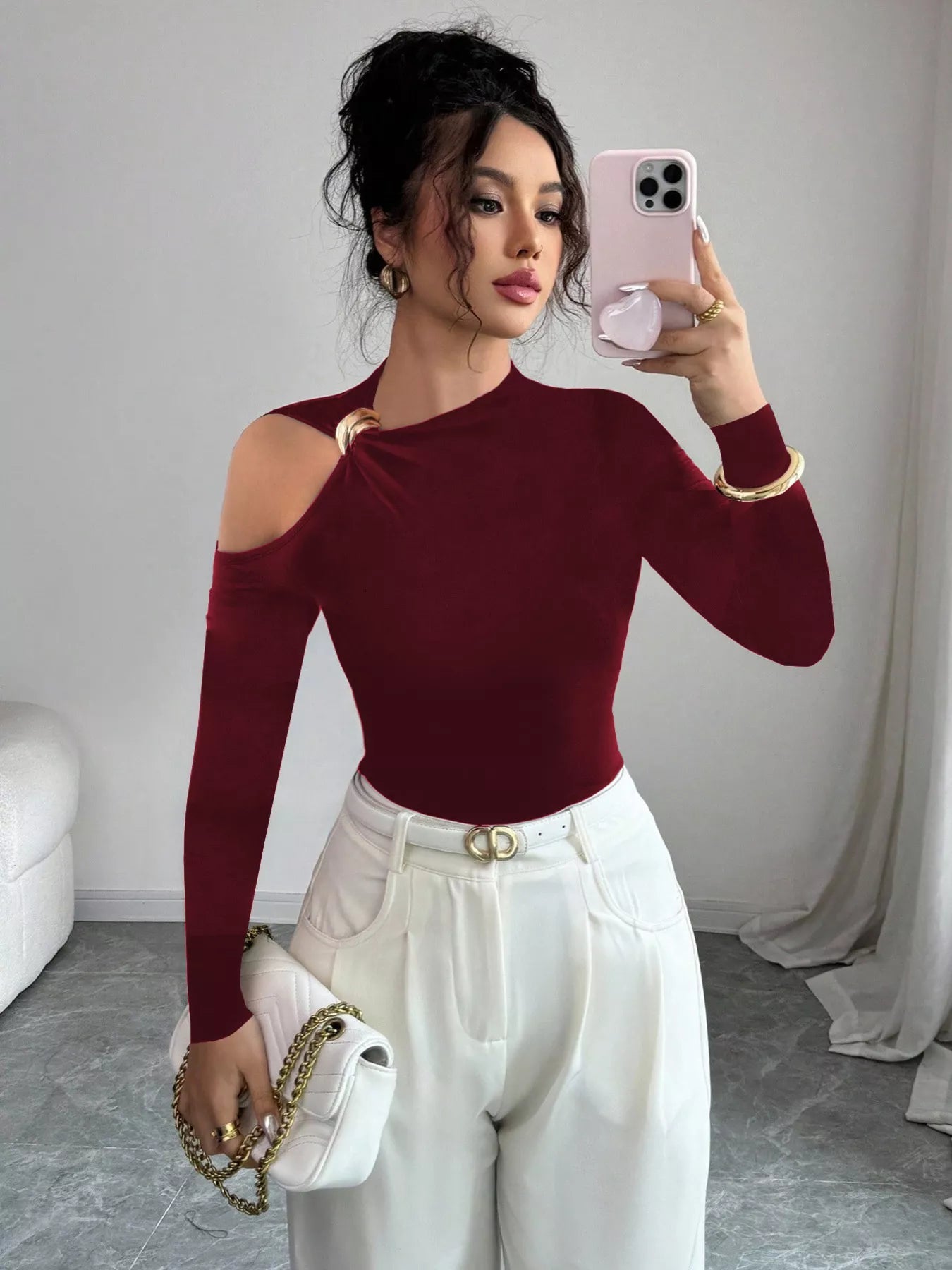 Cutout One - Shoulder Long Sleeve T-Shirt - StyleLure