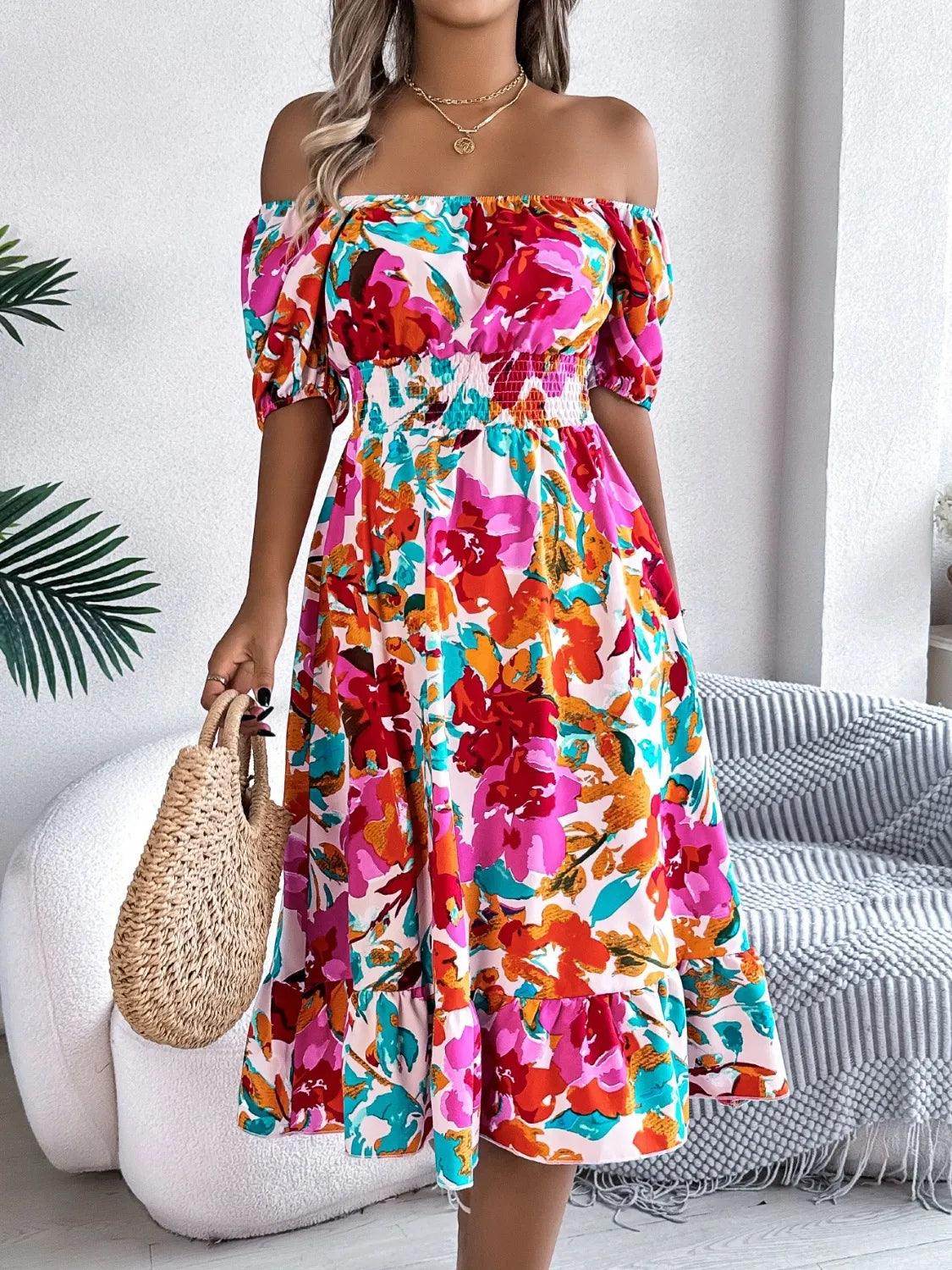 Ruffled Hem Smocked Floral Short Sleeve Midi Dress - StyleLure