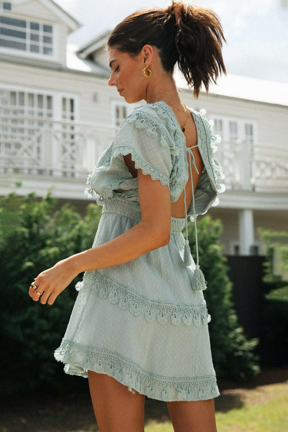 Lace Detail Plunge Short Sleeve Mini Dress - StyleLure