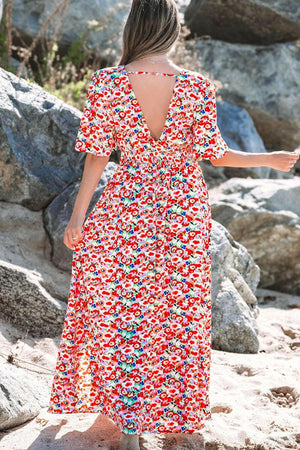 Floral Half Sleeve Deep V Neck Cutout Back Maxi Dress - StyleLure
