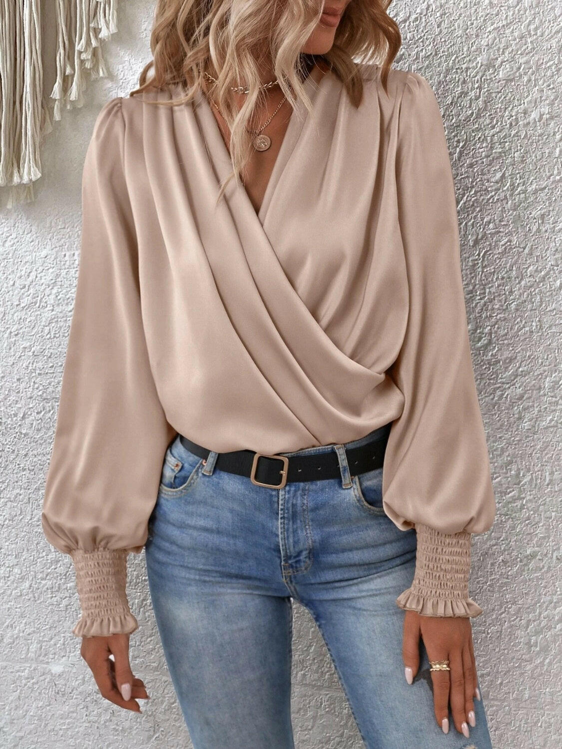 Surplice Smocked Lantern Sleeve Blouse - StyleLure