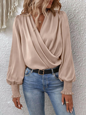 Surplice Smocked Lantern Sleeve Blouse - StyleLure
