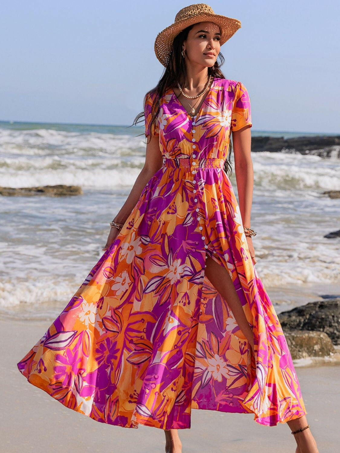 Printed V-Neck Short Sleeve Midi Dress - StyleLure