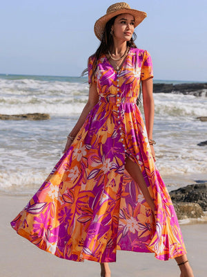 Printed V-Neck Short Sleeve Midi Dress - StyleLure