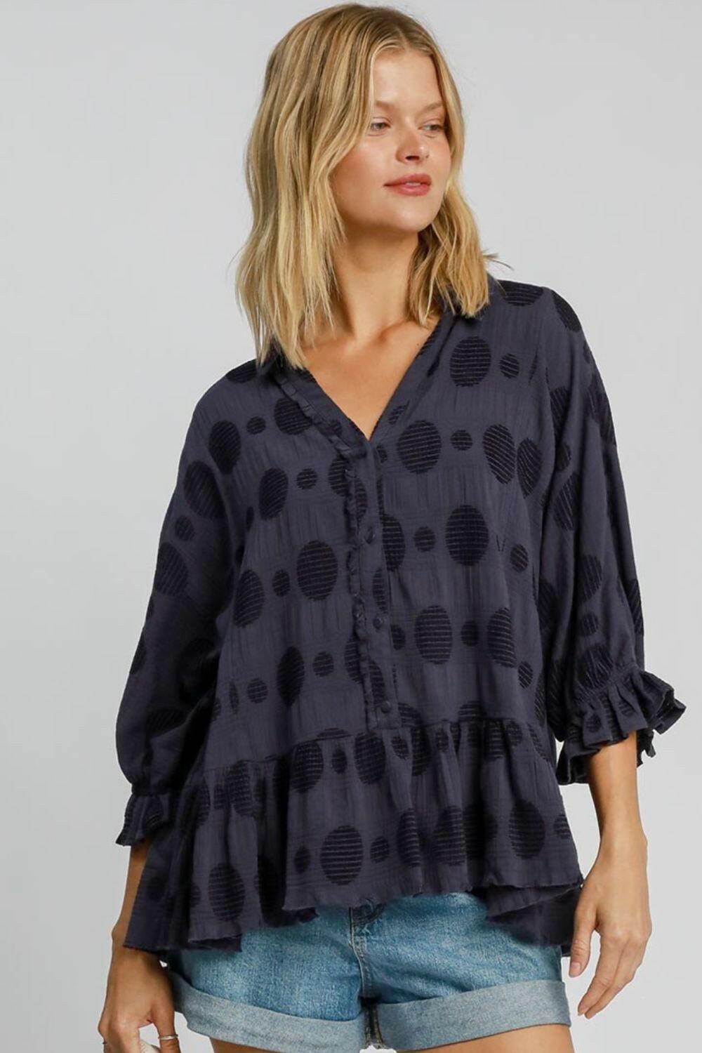 Umgee Full Size navy blue Swiss dot blouse with half button and flounce sleeves plus size