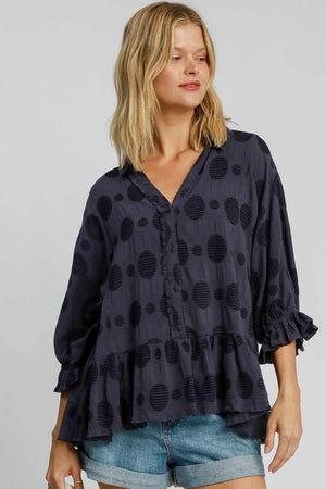 Umgee Full Size navy blue Swiss dot blouse with half button and flounce sleeves plus size