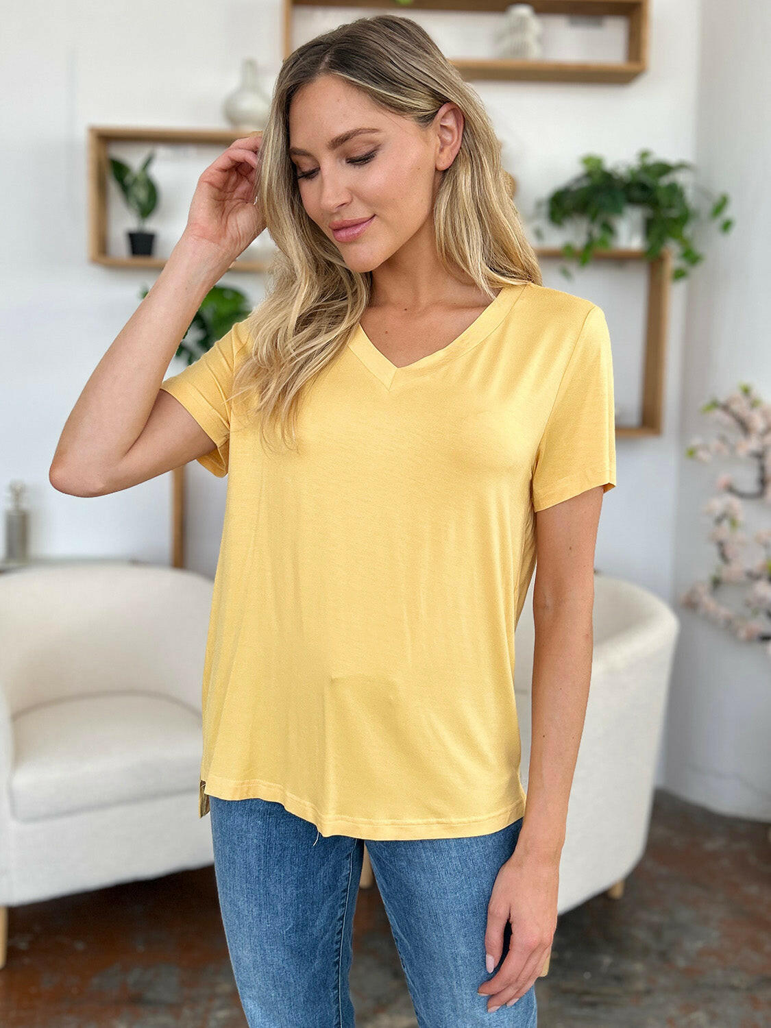 Basic Bae Bamboo Full Size V-Neck High-Low T-Shirt - StyleLure