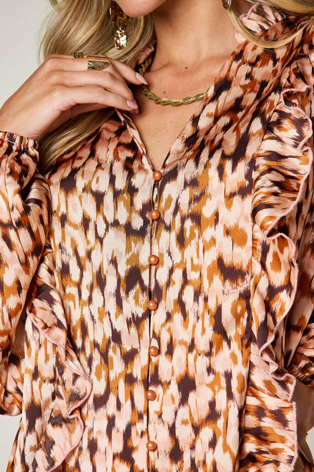Double Take Full Size Printed Ruffle Trim Balloon Sleeve Shirt - StyleLure