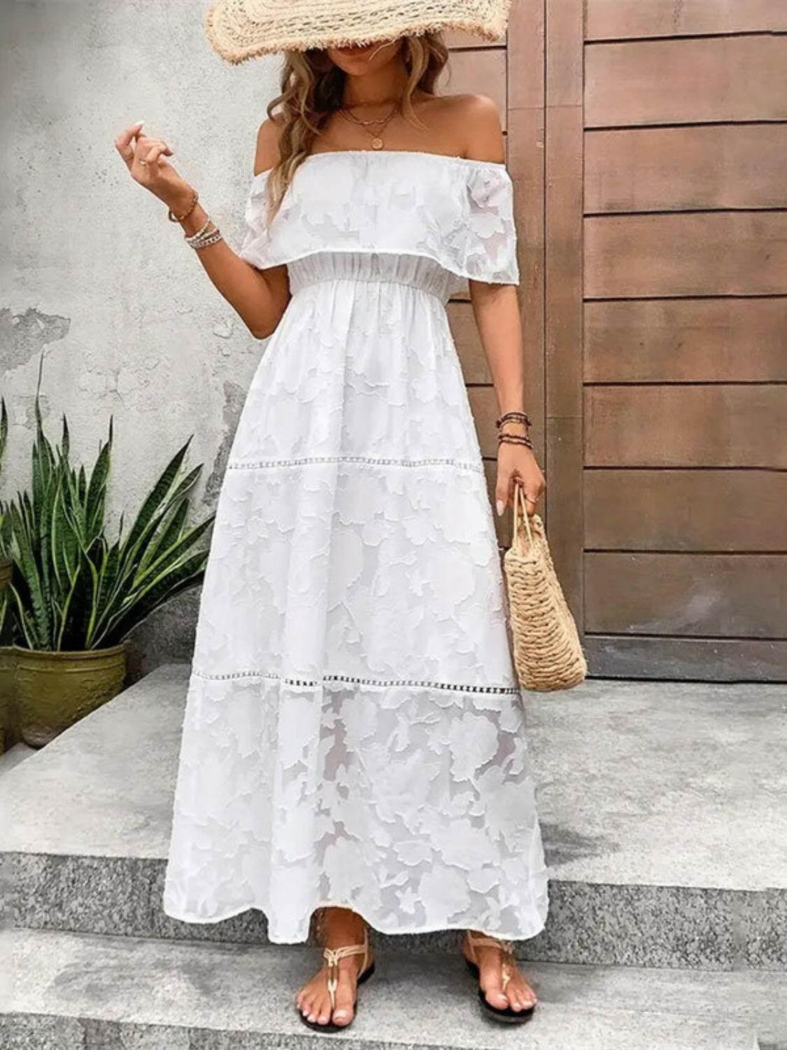 Off-Shoulder Short Sleeve Maxi Dress - StyleLure