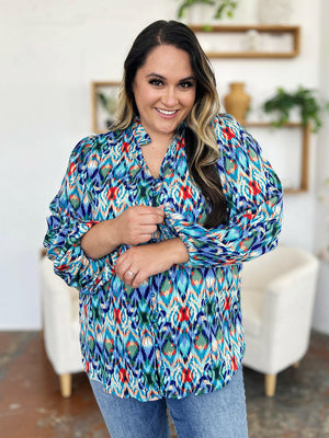 Double Take Full Size Printed Balloon Sleeve Blouse - StyleLure