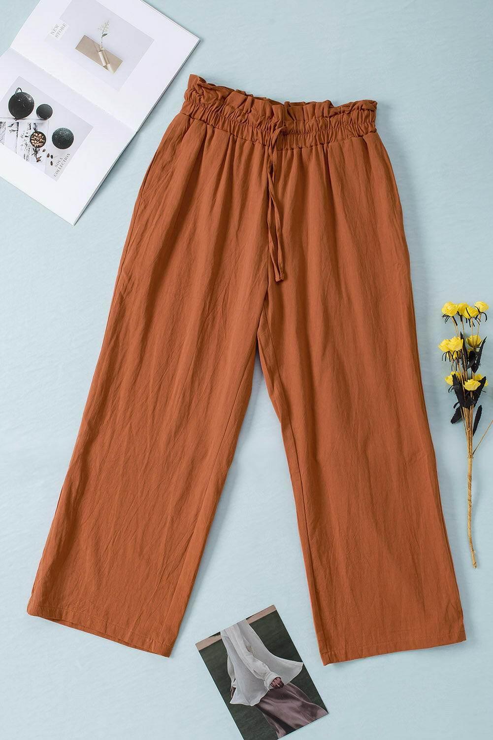 Drawstring Paperbag Waist Wide Leg Pants - StyleLure