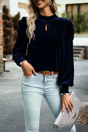 Tie Up Mock Neck Velvet Fabric Long Sleeve Blouse - StyleLure