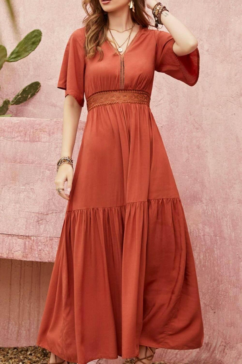 Lace Detail V-Neck Half Sleeve Midi Dress - StyleLure