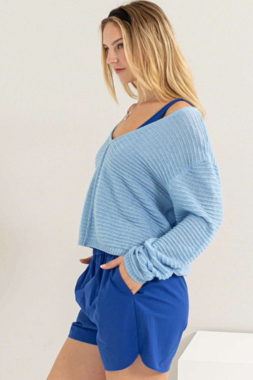 HYFVE V-Neck Stripe Texture Long Sleeve Top - StyleLure
