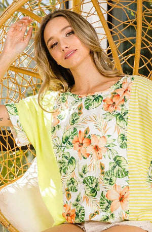 BiBi Floral W Stripe Color Block Dolman Sleeves Top - StyleLure