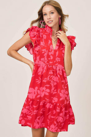 Umgee Full Size Two Tone Floral Print Ruffle Cap Sleeve Mini Dress Plus Size - StyleLure