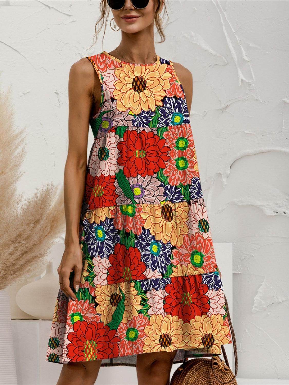 FAM-FAM Tiered Printed Round Neck Sleeveless Dress - StyleLure