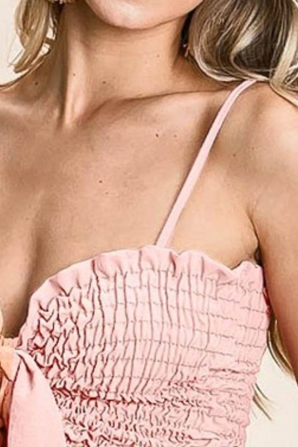 BiBi Woven Color Block Smocked with Ribbon Bra Top - StyleLure