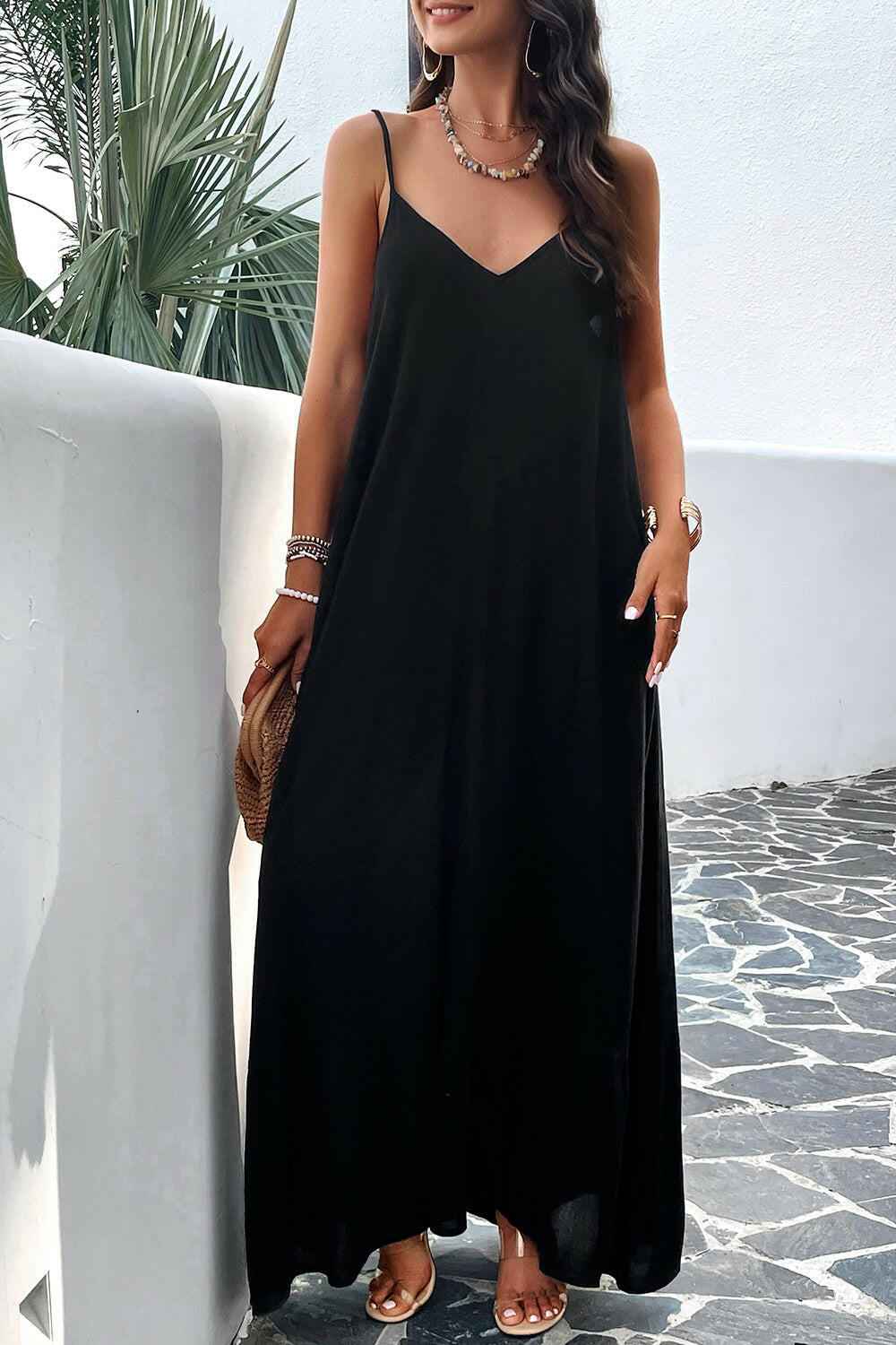 Devine Backless Maxi Cami Dress with Pockets - StyleLure