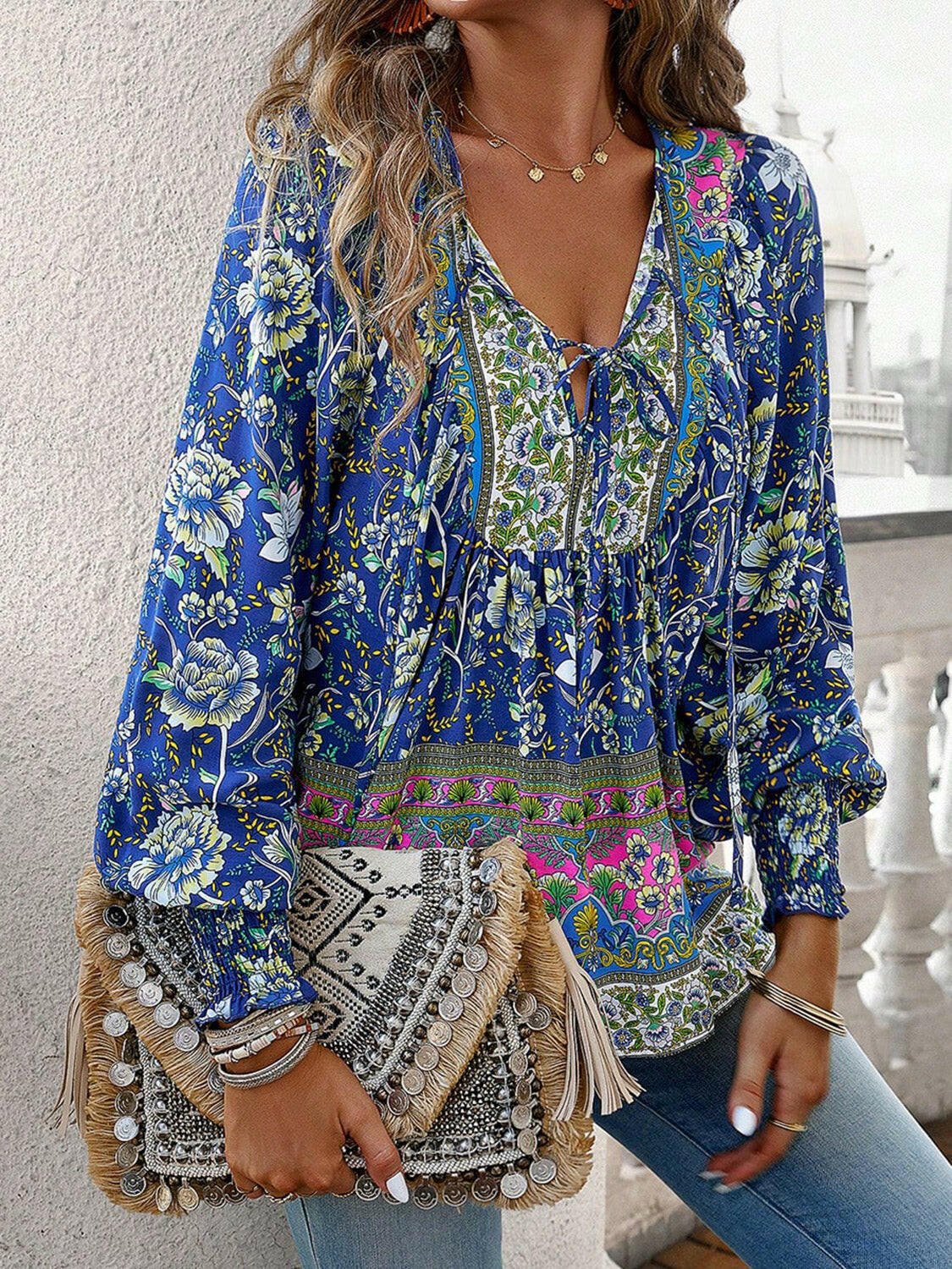 Devine Bohemian Tie Neck Lantern Sleeve Blouse - StyleLure