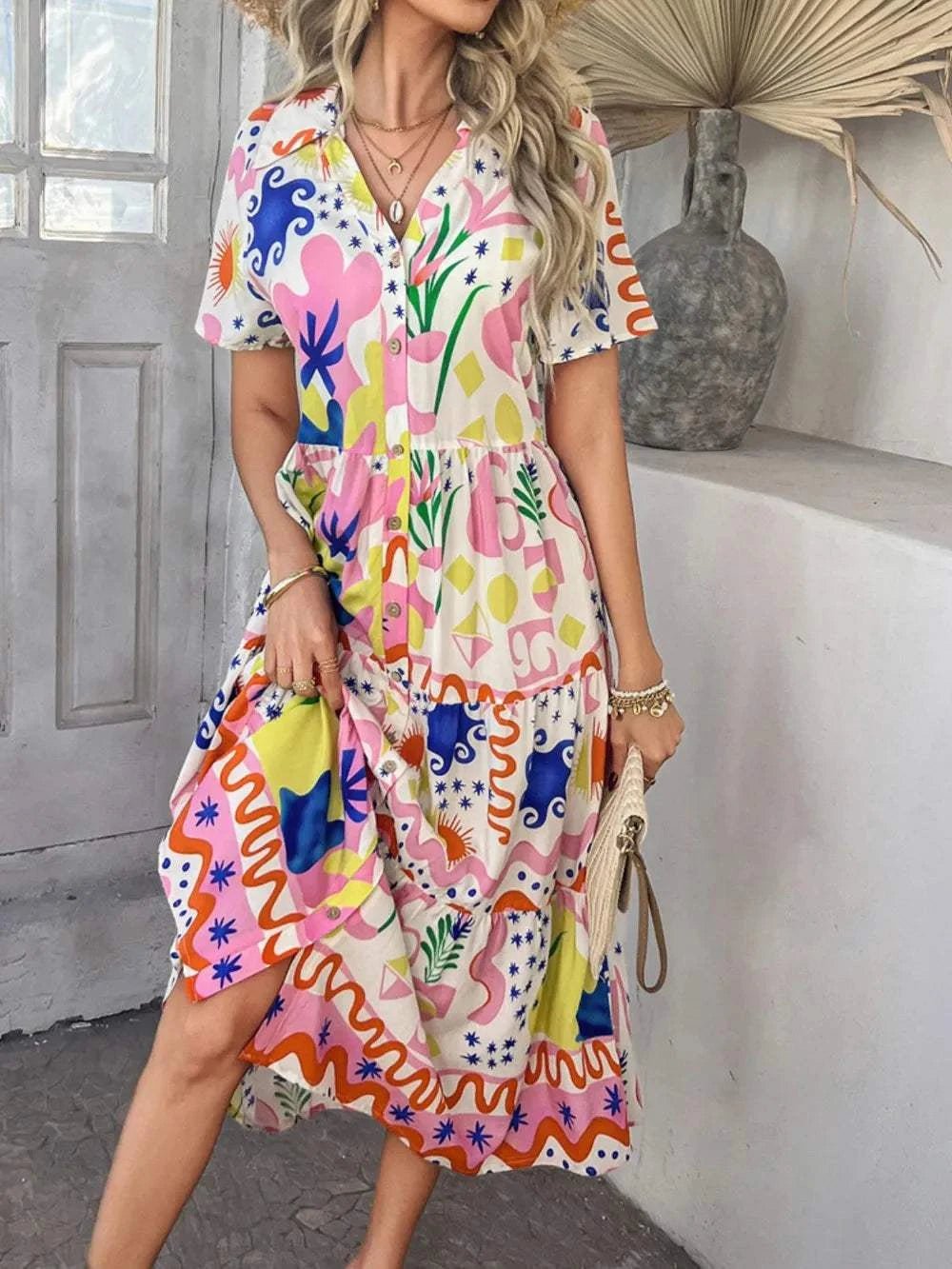 Devine Printed Johnny Collar Button Down Short Sleeve Midi Shirt Dress - StyleLure