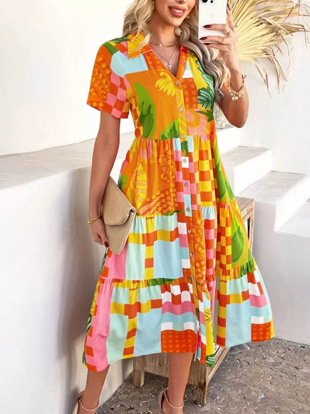 Devine Printed Johnny Collar Button Down Short Sleeve Midi Shirt Dress - StyleLure