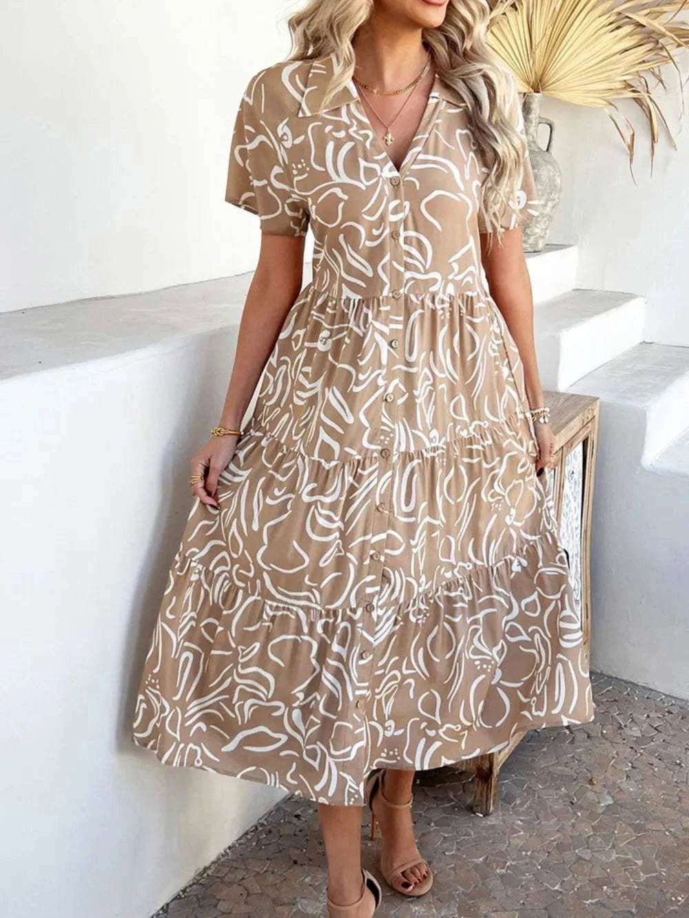 Devine Printed Johnny Collar Button Down Short Sleeve Midi Shirt Dress - StyleLure