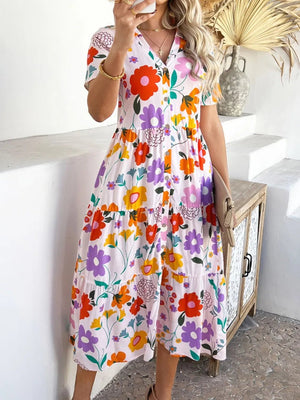 Devine Printed Johnny Collar Button Down Short Sleeve Midi Shirt Dress - StyleLure