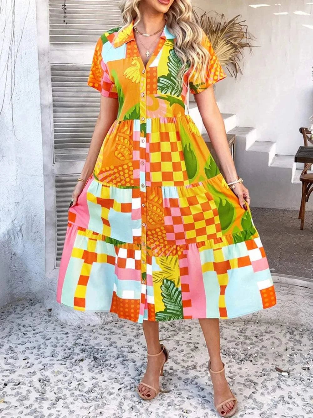 Devine Printed Johnny Collar Button Down Short Sleeve Midi Shirt Dress - StyleLure