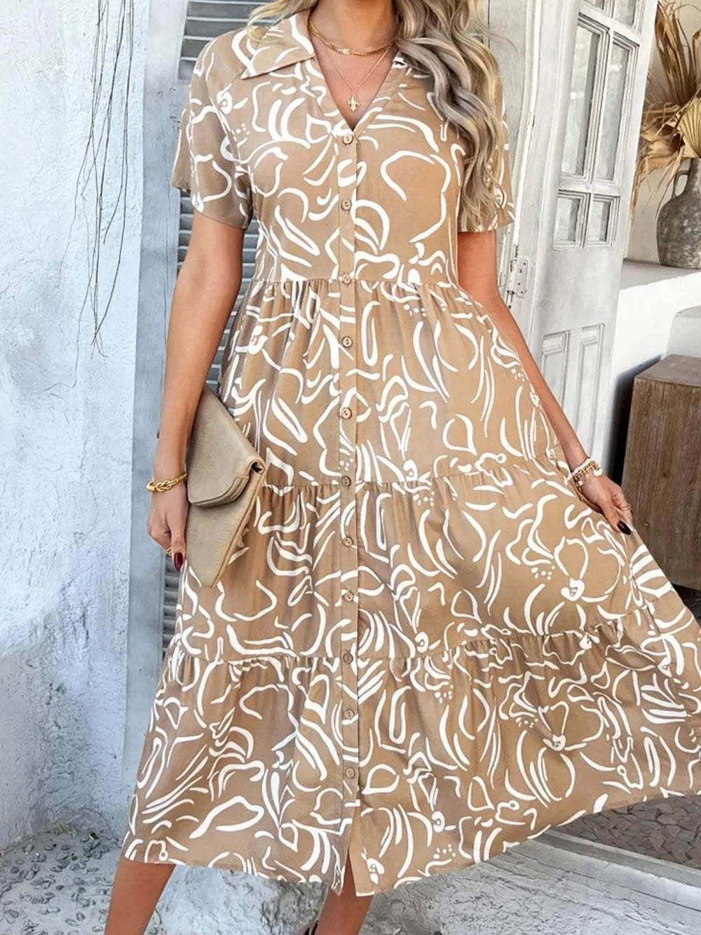 Devine Printed Johnny Collar Button Down Short Sleeve Midi Shirt Dress - StyleLure