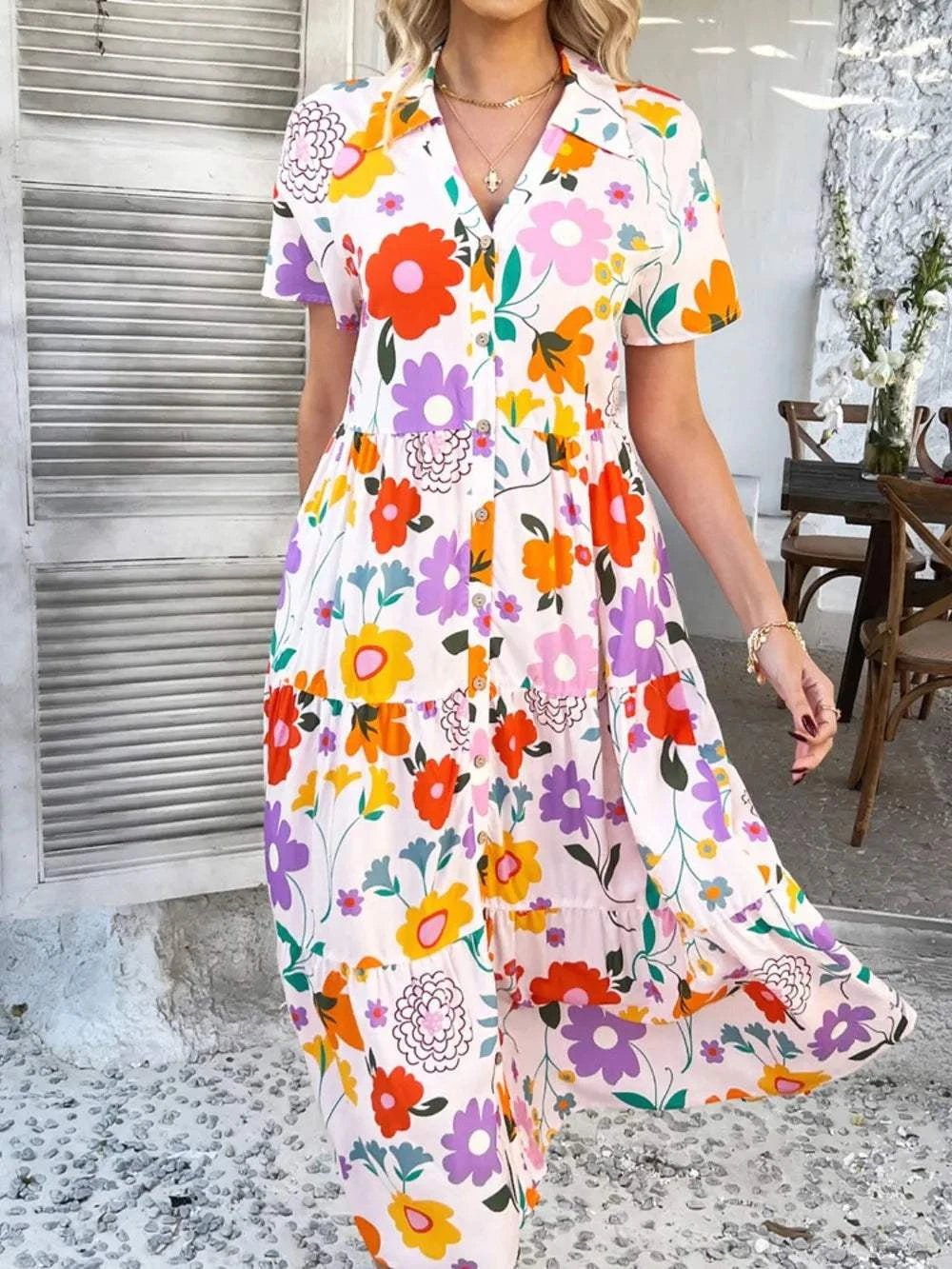 Devine Printed Johnny Collar Button Down Short Sleeve Midi Shirt Dress - StyleLure